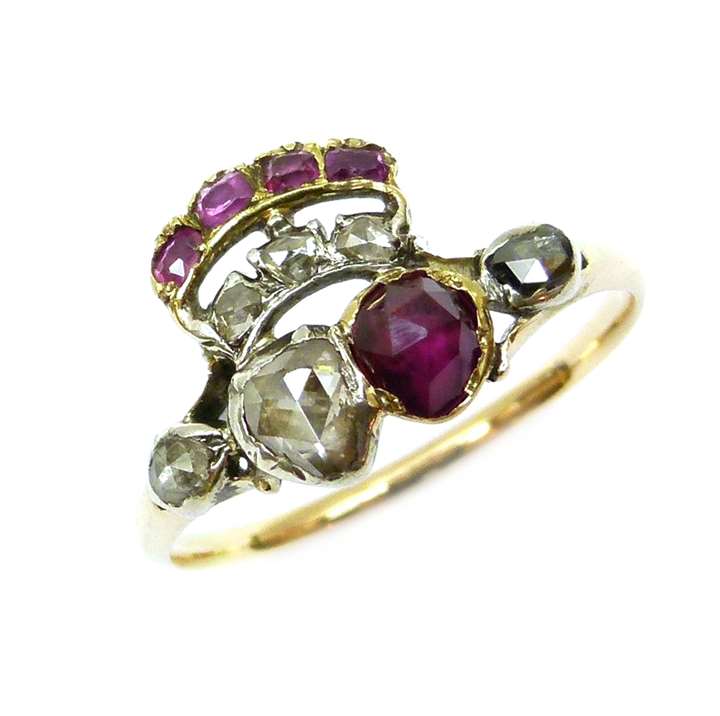 Late 18th century ruby and diamond twin heart and coronet ring